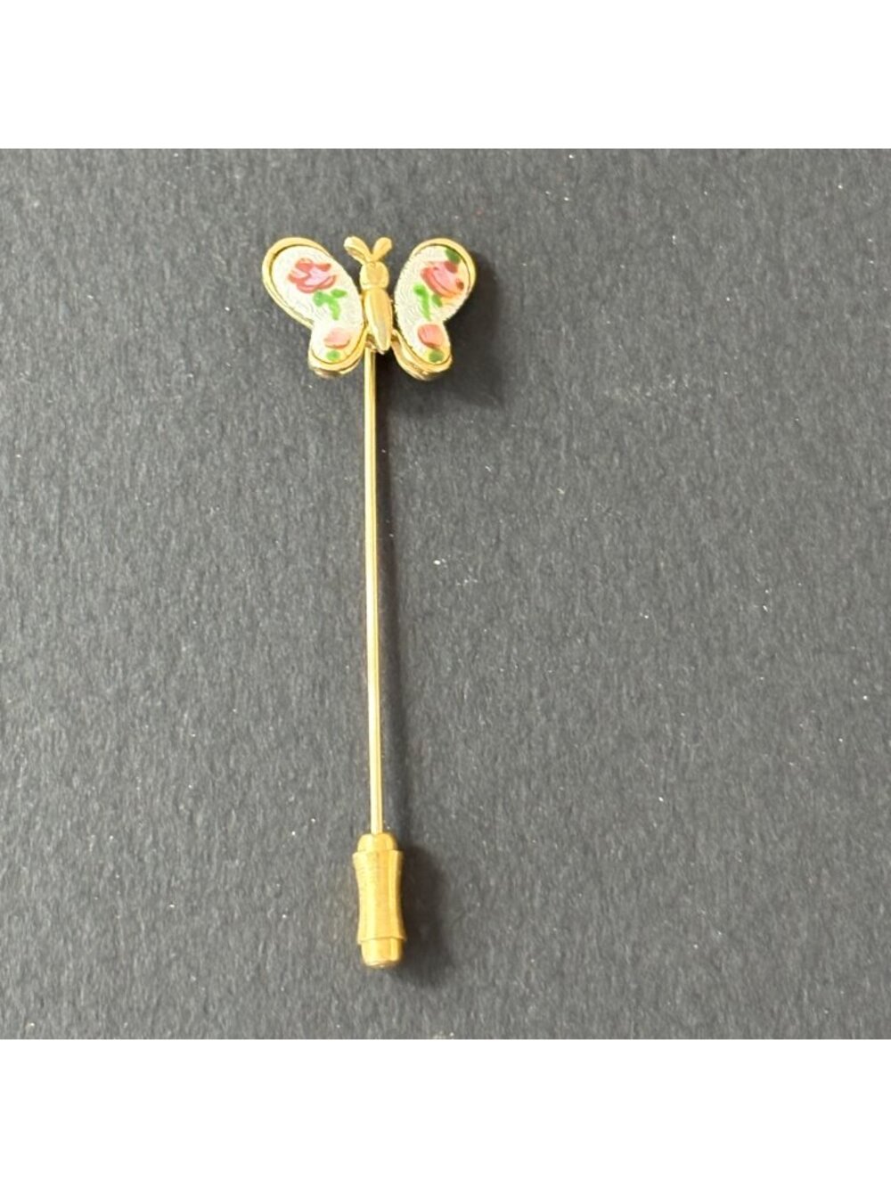 Vintage Gold Enamel Butterfly Stick Pin With Floral Design Vintage